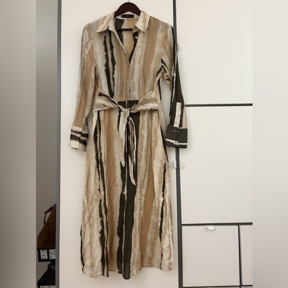 Neutral Stripe Long Shirt Dress with Waist Tie